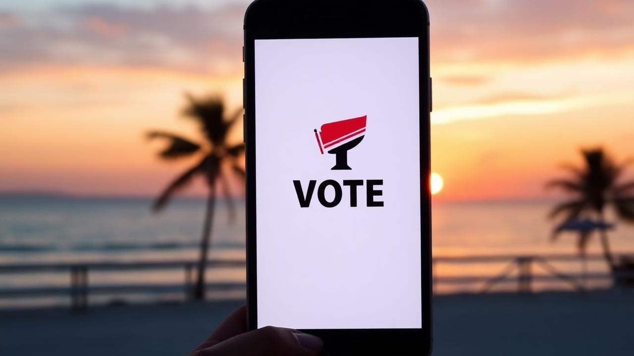 Smartphone showing a vote button on a beach at sunset - Love Island USA Season 8 voting on Peacock